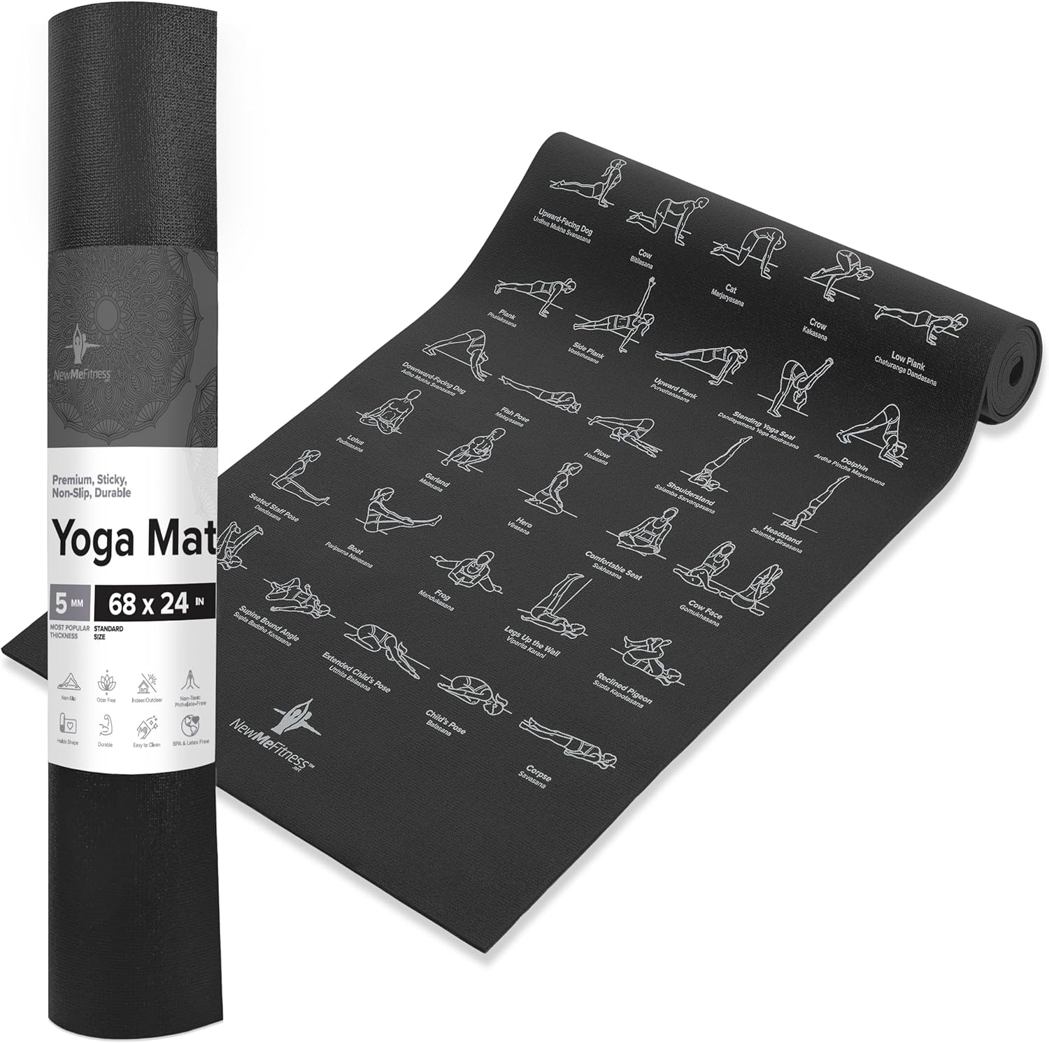 Fitness Yoga Mat for Women and Men - Large, 5mm Thick, 68 Inch Long, Non Slip Exercise Mats w/ 70 Printed Yoga Poses